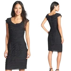 Adrianna Papell Tiered Layered Black Sheath Dress Off Shoulder LBD  Size 10